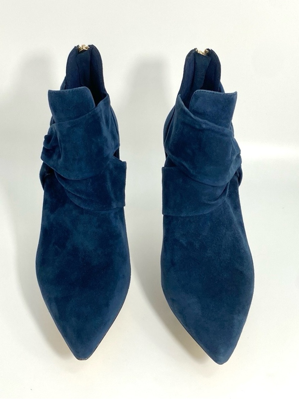 White House Black Market "Chloe" Side Twist Suede Stiletto Booties in Navy Blue - Picture 4 of 9